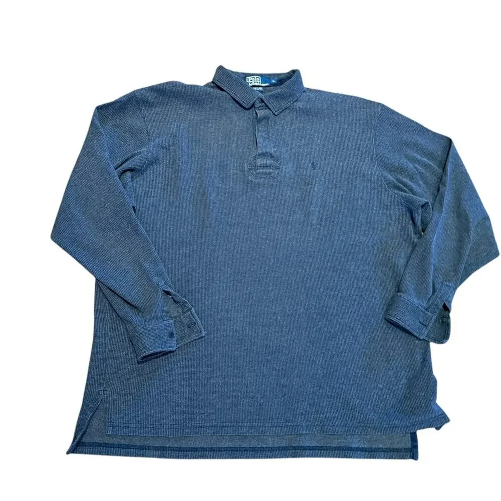 Polo Ralph Men's Blue Houndstooth Long Sleeve Polo Shirt Mens XL